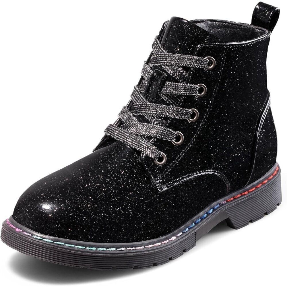 🆕Girls Ankle Boots Black Glitter Combat Booties Lace Up Winter Dress Boots
